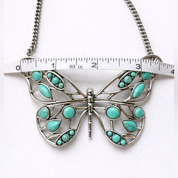 🦋 Fossil - Turquoise Butterfly Statement Necklace Silver Tone Boho Western - Picture 2 of 4